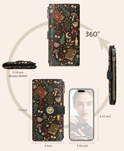 GIANCOMICS Book Mushroom Womens Wallet RFID, Goth Credit Card Holder Bifold | Billfold, Cute Cash Purse, Travel Zipper Coin Pocket, Compact Clutch, PU Leather, ID Window, 11 Card Slots, Ladies Gift Woman - color: Books and Mushrooms