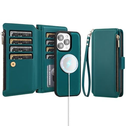 Antsturdy Compatible with MagSafe iPhone 14 Pro Wallet Case,Indigo Blue | Detachable Magnetic Credit Card Holder,RFID Blocking,PU Leather Zipper Purse,Wrist Strap Kickstand,Flip Phone Cover for Women - color: (Detachable with Magsafe)-Indigo Blue