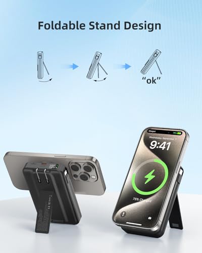 for Magsafe Portable Charger for iPhone 10000mAh Wireless Magnetic Power Bank, 22.5W Fast Charging Battery Pack, Built-in Cables and Wall Plug & Foldable Stand for iPhone 18/17/16/15/14/13 Series