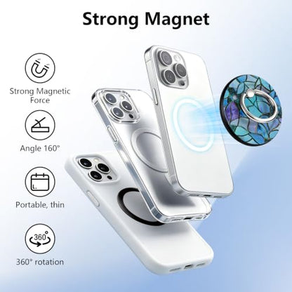 Magnetic Phone Ring Holder with MagSafe, 360° Rotation Super Magnet Finger Grip Removable Kickstand, Cute Stained Glass Floral Designed Stand for iPhone 17 16 15 14 13 12 Pro Max Plus, Blue Flower - color: Blue Flower