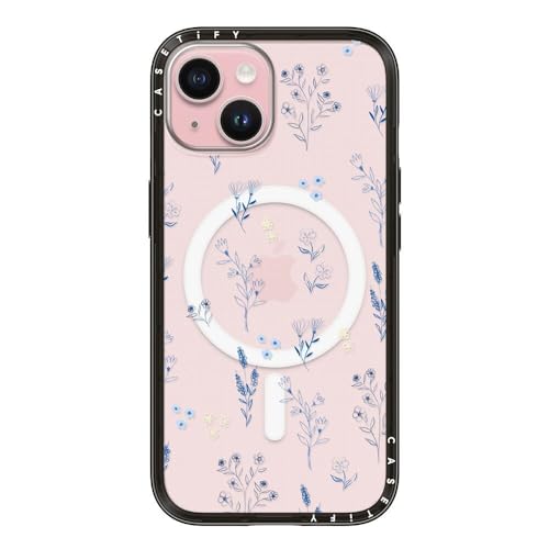 CASETiFY for iPhone 15 Case - Compact Compatible with MagSafe | Slim and Sleek | 4ft. 2x Military Grade Drop Protection | Small blue flowers | Black - color: 25. Small blue flowers, size: Iphone 15 (Magsafe)