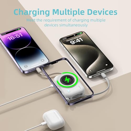 10000mAh Magnetic Power Bank, 20W Fast Charging Wireless Portable Charger with Built-in Charging Compartment for iPhone & Android (White) - color: White