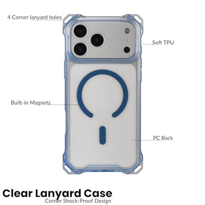Magnetic for iPhone 17 Pro Crossbody Phone Case,Mist Blue,Clear Magnetic Soft Frame PC Back Shockproof Protective Phone Cover with Adjustable Detachable Lanyard,Compatible with MagSafe - color: Mist Blue, size: iPhone 17 Pro