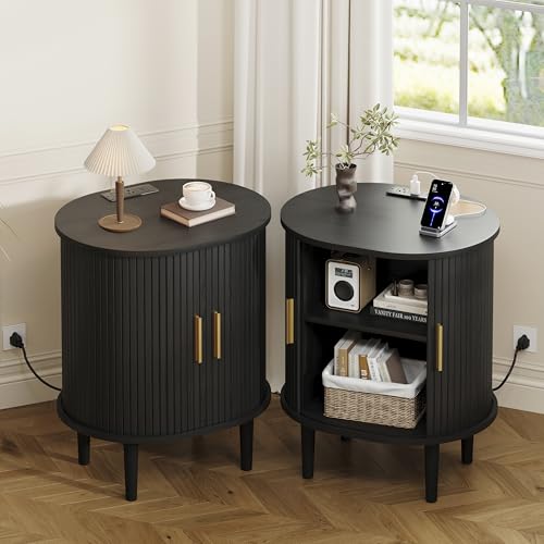 DHH Mid Century Modern Nightstand with Charging Station, Fluted Accent Side Table with Sliding Door & Adjustable Shelf, End Table for Small Space, Living Room, Bedroom,Sofa Couch (1, Black) - color: Black