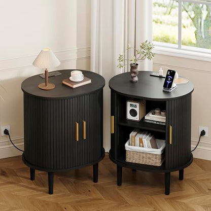 DHH Mid Century Modern Nightstand with Charging Station, Fluted Accent Side Table with Sliding Door & Adjustable Shelf, End Table for Small Space, Living Room, Bedroom,Sofa Couch (1, Black) - color: Black