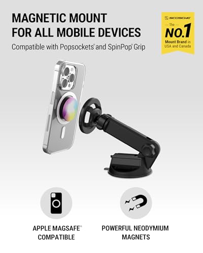 Scosche MagSafe Car Mount, Suction Cup Windshield Phone Mount/Magnetic Cell Phone Holder for Car Dashboard with Extended Arm Compatible with Popsocket, Cellphone Stand Compatible with iPhone, Samsung - size: 1 Pack, style: Window / Dash Extendo Suction