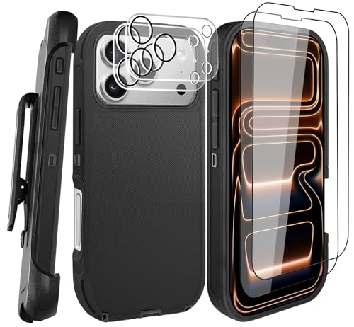 for iPhone 17 Pro Max Case with 2 Camera Lens Protector & 2 Screen Protector, Heavy Duty Full Body Protective Phone Case 6.9" (Belt Clip,Black) - color: 17 Pro Max-Belt Clip+Black