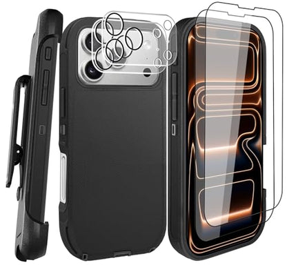 for iPhone 17 Pro Max Case with 2 Camera Lens Protector & 2 Screen Protector, Heavy Duty Full Body Protective Phone Case 6.9" (Belt Clip,Black) - color: 17 Pro Max-Belt Clip+Black