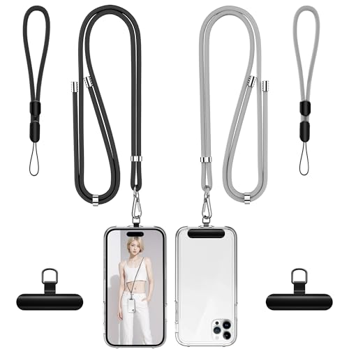 takyu Phone Lanyard, 2 Pack Adjustable CellPhone Lanyard Crossbody Neck Strap & 2 Pack Wrist Strap & 2 Pcs Metal Tether Tabs Compatible for iPhone Android Smartphones - color: Metal Black+gray