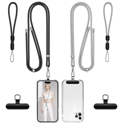 takyu Phone Lanyard, 2 Pack Adjustable CellPhone Lanyard Crossbody Neck Strap & 2 Pack Wrist Strap & 2 Pcs Metal Tether Tabs Compatible for iPhone Android Smartphones - color: Metal Black+gray