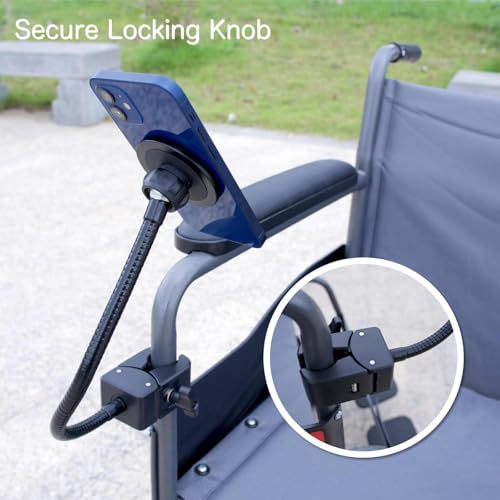 Wheelchair Magnetic Phone Holder - Adjustable Gooseneck with Angle Lock, Compatible with iPhone 16/15/14/13/12 Pro Max Series, iPad & Magnetic Phone Cases (12 Inch)