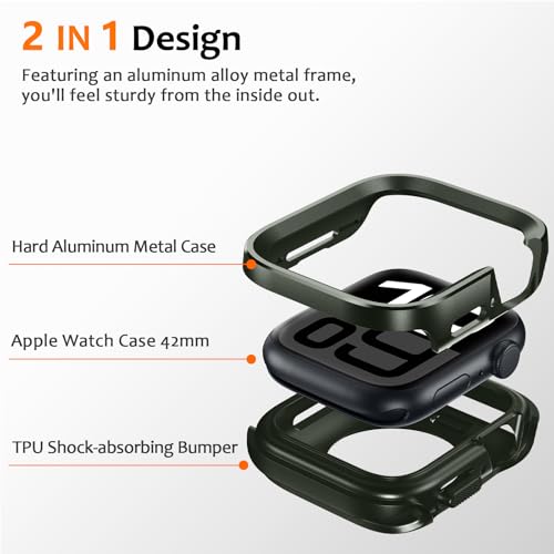 Amizee 2 in 1 Metal Rugged Case Compatible with Apple Watch Series 11/10 42mm, Aluminum Shockproof Protective Bumper Cover for iWatch 42mm, Army Green - color: Army Green, size: 42 mm