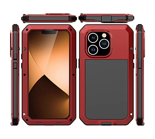 for iPhone 14 Pro Max Case, 360 Full Body Protective Cover Heavy Duty Shockproof Tough Armour Aluminum Metal Case with Silicone Built-in Screen Protector for iPhone 14 Pro Max 6.7" - Red - color: Red