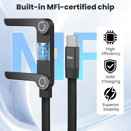 2 Pack USB C to Lightning Cable with Built-in Metal Phone Stand, PD 30W Invisible Holder Charger Cable, 90 Degree Braided Flat Lightning Charging Cable, Foldable Data Cable Standing for iPhone 14-5