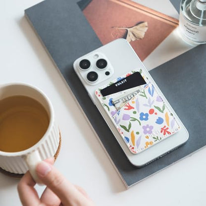 VULKIT Phone Card Holder Wallet Leather Adhesive Pocket RFID Blocking Credit Card Sleeves Stick Back of Phone Smartphones - color: Wildflower