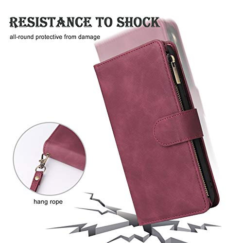 RANYOK Wallet Case Compatible with iPhone 13 Pro Max (6.7 inch), Premium PU Leather Zipper Folio Wallet RFID Blocking with Wrist Strap Magnetic Closure Built-in Kickstand Protective Case (Wine Red) - color: Wine Red