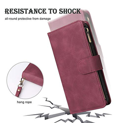 RANYOK Wallet Case Compatible with iPhone 13 Pro Max (6.7 inch), Premium PU Leather Zipper Folio Wallet RFID Blocking with Wrist Strap Magnetic Closure Built-in Kickstand Protective Case (Wine Red) - color: Wine Red