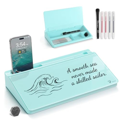 TOWON Compact Glass Desktop Whiteboard with Storage 12x7 in, Teal Blue - color: Teal Blue