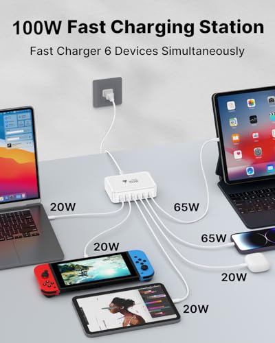 USB C Fast Charger, 100W GaN 6 Port USB C Fast Charging Station Hub Block Cube, QC USB A and PD USB C Wall Charger Power Multiple USB Charger Plug for iPhone 17 16 15 14 13 12 Pro Max, iPad, Samsung