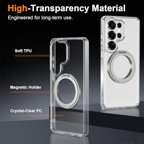 Magnetic Case for Samsung Galaxy S26 Ultra 5G Phone 2026 | with Rotating Kickstand | Non-Yellowing Transparent Clear | Slim Thin | Wireless Charging | Shockproof Protection (Clear) - color: Clear, size: S26 Ultra