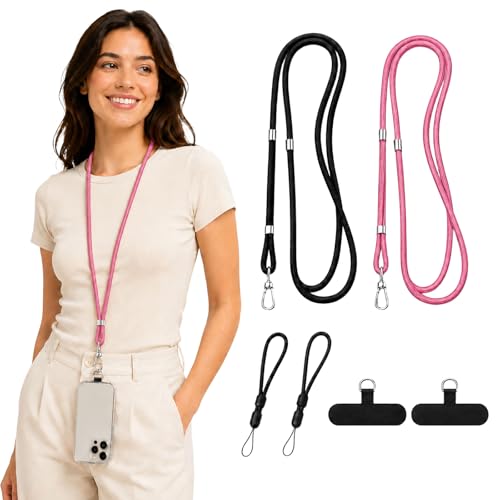 Rosmas Adjustable Crossbody Cell Phone Neck Strap with 2 Wrist Straps and 2 Tether Tabs for Smartphones - color: Black、pink