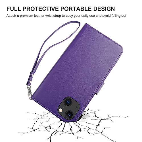 Bocasal Detachable Wallet Case Card Holder for iPhone 13, Purple | RFID Blocking Kickstand Card Slots Holder PU Leather Magnetic Shockproof Wrist Strap Removable Flip Protective Cover 6.1 inch - color: Purple