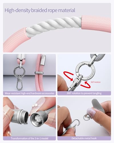 LEEUDESIGN 3 in 1 Luxury Phone Lanyard, Adjustable Crossbody Neck Strap & Short Wrist Strap, Anti-Lost Anti-Theft Detachable Phone Chain, Versatile Shoulder Phone Sling for All Cell Phones(Grey+Pink) - color: Grey+pink