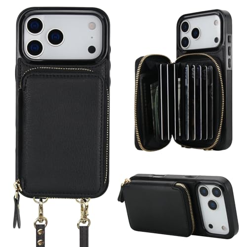 Bocasal Multi-Slot Crossbody Wallet Case for iPhone 17 Pro Max, Black | RFID Blocking PU Leather Purse Case with Card Holder, Handbag Flip Cover with Zipper Wrist Strap Lanyard for Women 6.9 Inch - color: Black