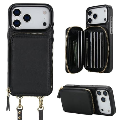 Bocasal Multi-Slot Crossbody Wallet Case for iPhone 17 Pro Max, Black | RFID Blocking PU Leather Purse Case with Card Holder, Handbag Flip Cover with Zipper Wrist Strap Lanyard for Women 6.9 Inch - color: Black