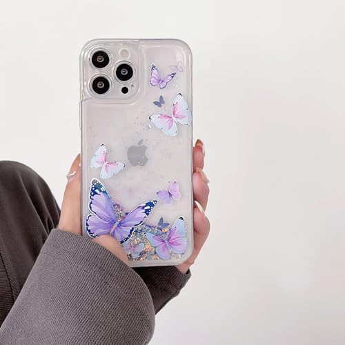 Compatible with iPhone 13 Glitter Butterfly Case Glow in The Dark Women Girls Girly Bling Sparkle Flowing Quicksand Light up Case Soft TPU Bumper Luminous Clear Phone Cover, Purple - color: Purple, size: iPhone 13