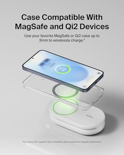 Belkin Qi2 15W Magnetic Wireless Charger, 2 in 1 Foldable, Non-Slip - color: White
