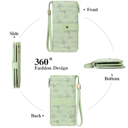GAEKEAO Wallets for Women Leather RFID Blocking Large Capacity Card Case Ladies Wristlet Clutch Wallets Zipper Pocket with 4 ID Windows 21 Card Slots - color: Green