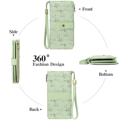 GAEKEAO Wallets for Women Leather RFID Blocking Large Capacity Card Case Ladies Wristlet Clutch Wallets Zipper Pocket with 4 ID Windows 21 Card Slots - color: Green