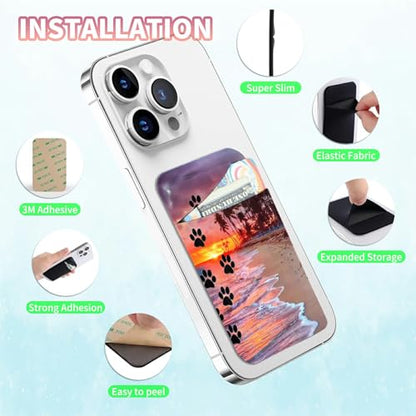 Phone Credit Card Holder Stick on, Phone Case Wallet, Cell Phone Pocket Self Adhesive Stretchy Lycra Stick on Wallet ID Credit Card Case Pouch Sleeve for All Smartphones, Dog Paw Print Beach - color: 144