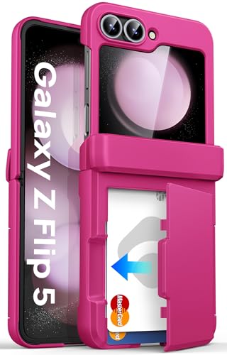 ASAFCASE for Samsung Galaxy Z Flip 5 Case with Card Holder (3 Cards), Pink | Hinge Protection, Outer Screen Protector, Shockproof Rugged Full Body Protective Cover Wallet Case for Galaxy Z Flip 5 - color: Hot Pink, size: Galaxy Z Flip 5