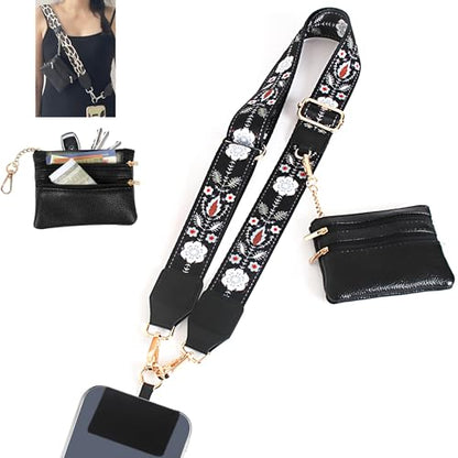 Clip and Go Strap for Phone with Wallet Crossbody, Adjustable Phone-Lanyards with Wallet, Phone Lanyard with Zippered Pouch, Crossbody iPhone Straps for All Phones, Black Pattern - color: Black pattern