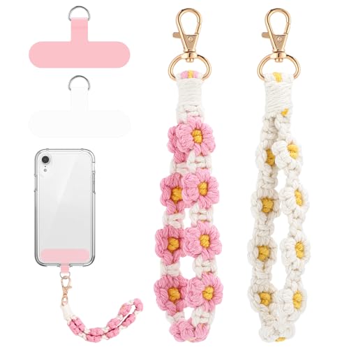 Jspupifip 2 PCS Boho Macrame Phone Wrist Strap, White/Pink - color: Pink,white