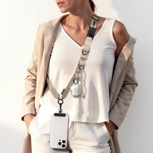 Nekmit Clip and Go Strap for Phone with Wallet Crossbody, Adjustable Phone Lanyard with Detachable Zippered Pouch & Wristlet - color: Dark Beige
