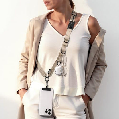 Nekmit Clip and Go Strap for Phone with Wallet Crossbody, Adjustable Phone Lanyard with Detachable Zippered Pouch & Wristlet - color: Dark Beige