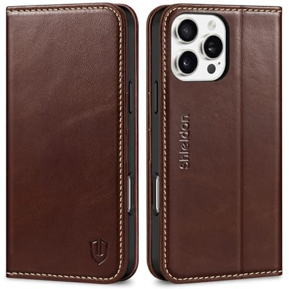 SHIELDON Genuine Leather Wallet Case for iPhone 16 Pro Max, Retro Coffee | Magnetic Closure, RFID Blocking, Credit Card Holder, Viewing Stand, Folio Design, Shockproof Protective Cover - color: Retro Coffee
