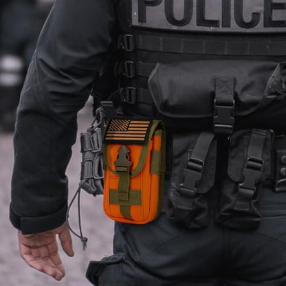 Tactical Phone Holster Pouch Case, Molle Gadget Bag Molle Attachment Belt Holder Waist Bag for 4.7"-6.9" with US Flag Patch for iPhone 18 Pro Max/17 Pro/16 Pro/15 Pro - color: Orange