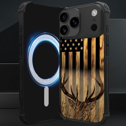 DJSOK Case for iPhone 17 Pro Max,Compatible with MagSafe,Anti-Scratch Shockproof Case,Wood Grain American Flag Buck Hunter Deer - color: Wood Grain American Flag Buck Hunter Deer, size: IPhone 17 Pro Max
