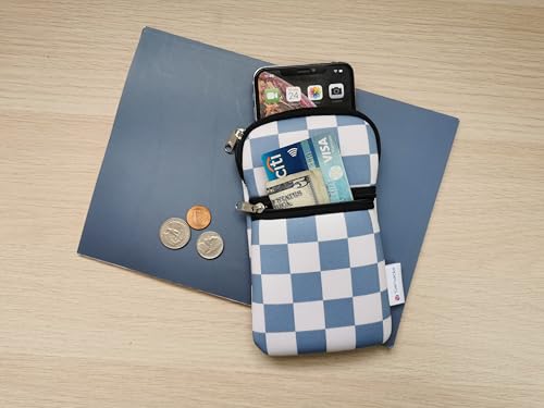 Tainada Crossbody 2-Zip Phone Bag w/Neck Strap (Bluish Gray Checkerboard) | For Men/Women; Water-resistant neoprene pouch, shockproof, lightweight; Compatible with most of smartphones - color: Bluish Gray Checkerboard