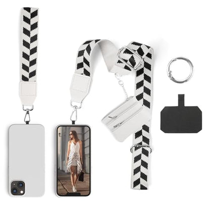 Clip and Go Phone Strap with Wallet Crossbody, Phone Chain Cross Body with Detachable Zippered Pouch, Phone Lanyard with Purse, Adjustable Mobile Strap (White) - color: White