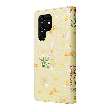 UEEBAI Wallet Case for Samsung Galaxy S22 Ultra 5G, PU Leather Flip Case with Kickstand, RFID Blocking, Card Slots, Wrist Strap, Relief Engraved Pattern, Magnetic Closure, Yellow Daisy Flower Folio - color: Yellow Daisy, size: Samsung Galaxy S22 Ultra 5G