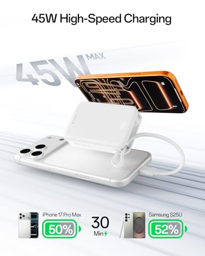 iWALK Portable Charger, 10000mAh 45W PD Power Bank, USB C in&Out Fast Charging Battery Pack with Phone Stand, Travel Essential Powerbank for iPhone 17 16 15 14 13 12 Samsung S25 MacBook etc,White - color: White 45W