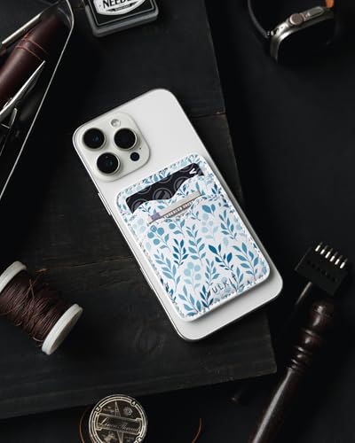 VULKIT Stick on Card Holder Compatible for iphone Leather Cell Phone Wallet Credit Card Case Strong Sticker for Women - color: Blue -Floral