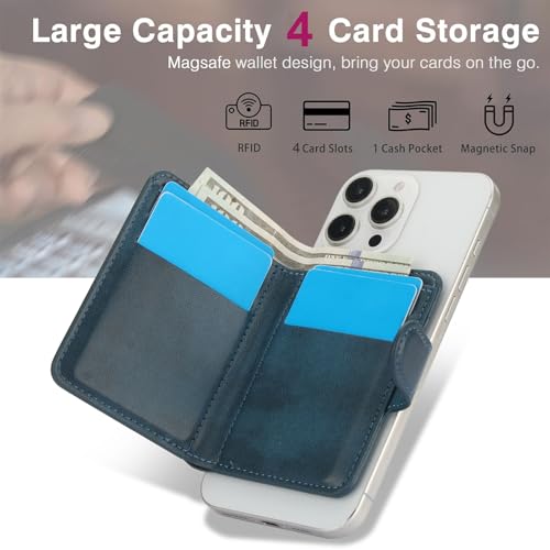 HAII for MagSafe Card Wallet Bag compatible with MagSafe Invisible Ultra-Thin Lightweight Kickstand Magnetic Mobile Wallet Man Woman, 4 Card Slots + 1 Cash Bag. (Blue, Buckle Wallet) - color: Blue, size: 4 Card Slots + 1 Cash Bag - Buckle Wallet