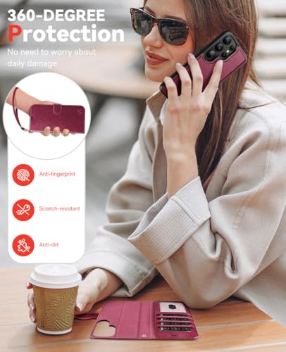 OCASE for Samsung Galaxy S25 Ultra Detachable Wallet Case, Burgundy | 2-in-1, Card Holder, RFID Blocking, Stand, Wrist Strap, Shockproof, Wireless Charging, Magnetic, PU Leather Flip Phone Cover - color: Burgundy, size: Samsung Galaxy S25 Ultra