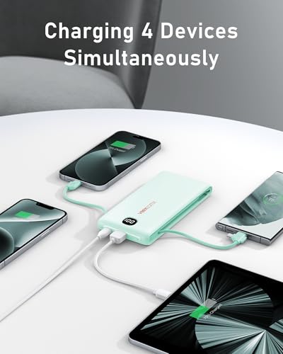 VEEKTOMX 10000mAh Portable Charger with Built-in Cables & Wall Plug - color: Cyan
